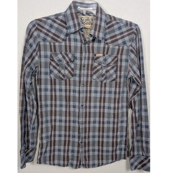 Scotch & Soda Western Shirt Mens S Blue Plaid Pearl Snap Long Sleeve Retro Vibe - Picture 2 of 7